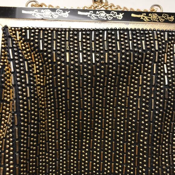 Vintage Gold and Black Beaded Evening Shoulder Handbag Metal Frame - Picture 4 of 12